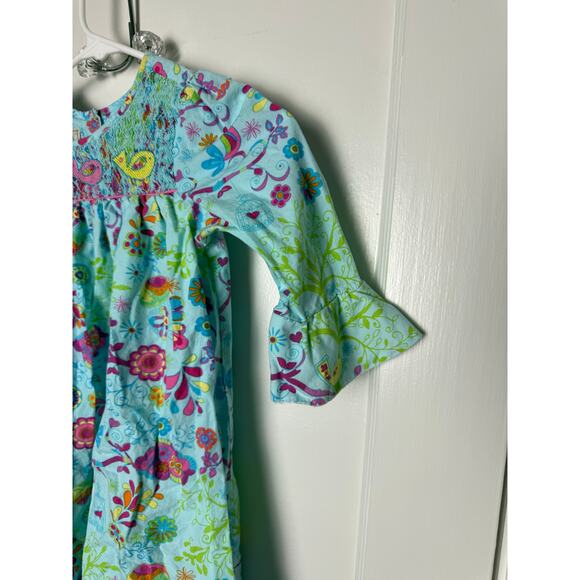 Marmellata Blue Pink Floral Bell Sleeve Ruffle Smocked Bird Dress Size 6 - Picture 3 of 8